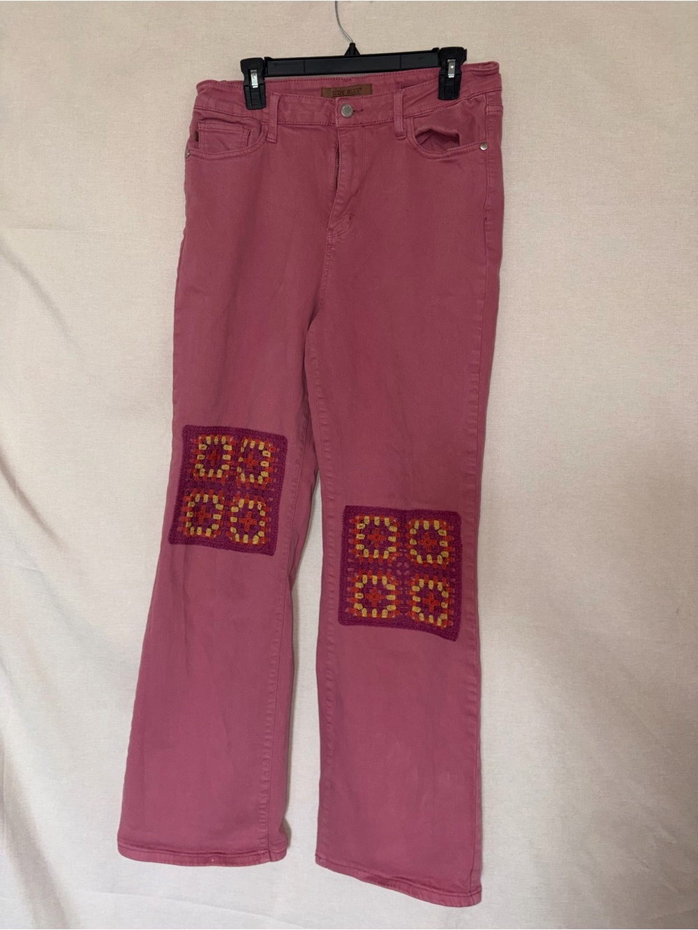Judy Blue Dusty Rose Flare Jeans with Crochet Knee Patches